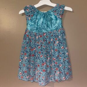 Grayce Girls Blue Floral A-Line Cotton Dress Size 3 Sleeveless Ruffle Hand Made